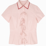 Pink Darted Short Sleeve Shirt With Red Trim
