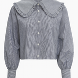 Navy Check Shirt with Big Frill Collar