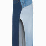 High Waisted Upcycled Patchwork Denim Long Skirt with Slit