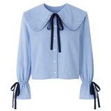 Blue Tie Neck Shirt with Big Collar