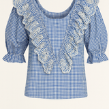 Peggy Broderie Frill Cotton Top in Blue Gingham