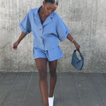 Women's Linen Shirt & Shorts Co-Ord Set in Blue | Fanfare