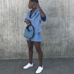 Women's Linen Shirt & Shorts Co-Ord Set in Blue | Fanfare