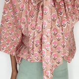Penny Tie Neck Cotton Shirt in Pink Floral