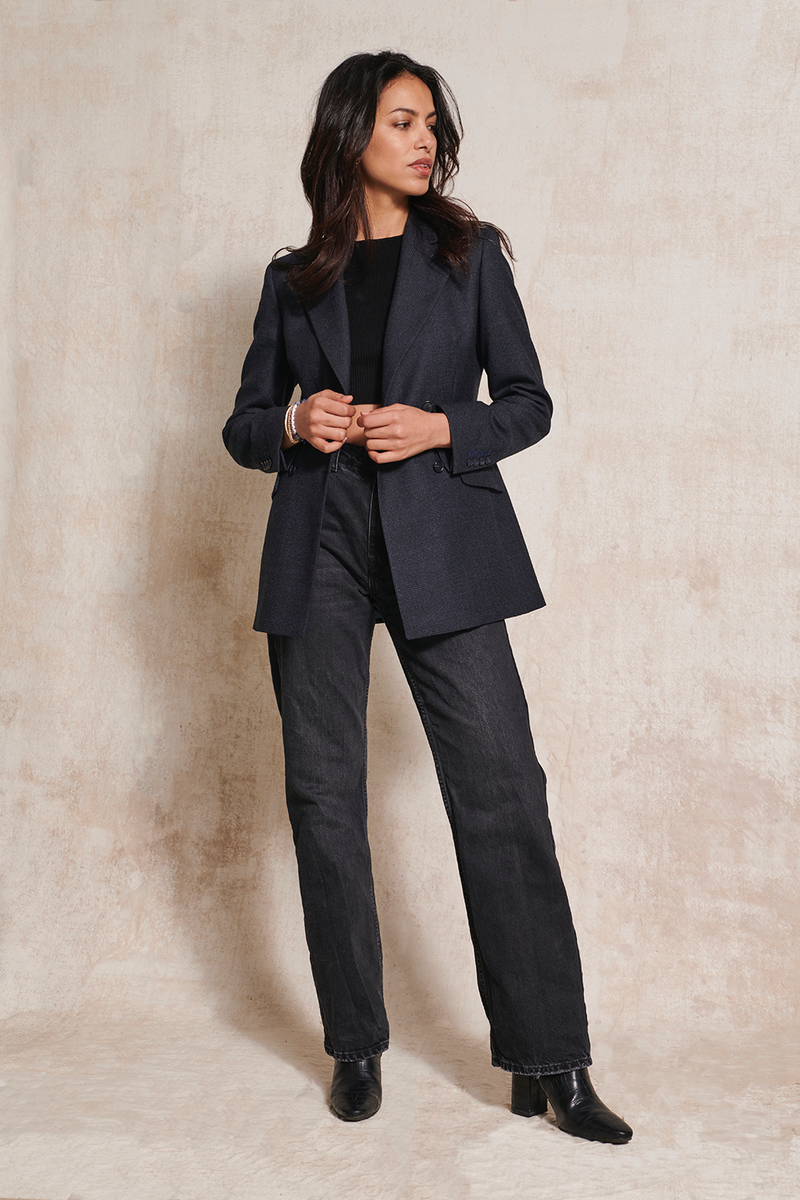 Double Breasted Navy Prince of Wales Check Wool Blazer by Anna James