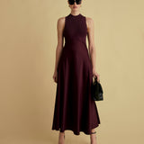 Satin Mix Midi Dress in Burgundy