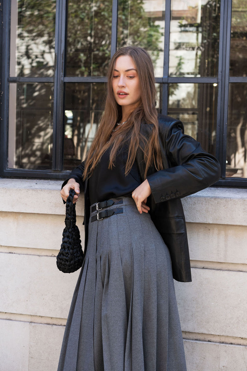 Grey Flannel Pleat Midi Skirt by Albaray