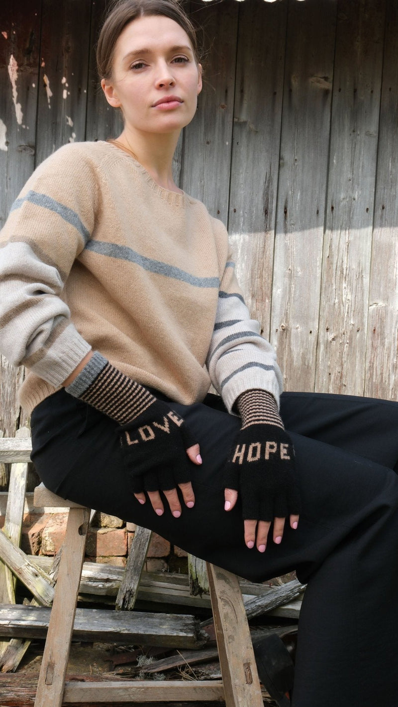 Fingerless Love Hope Gloves in Black and Taupe and Grey by Quinton + Chadwick