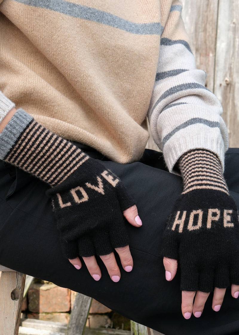 Fingerless Love Hope Gloves in Black and Taupe and Grey by Quinton + Chadwick