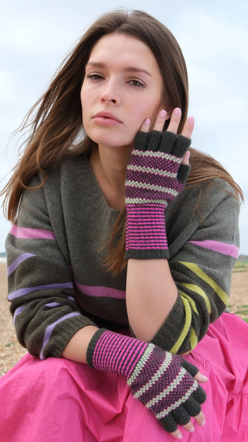 Tuck Stitch Fingerless Gloves in Moss and Exotic Pink by Quinton + Chadwick