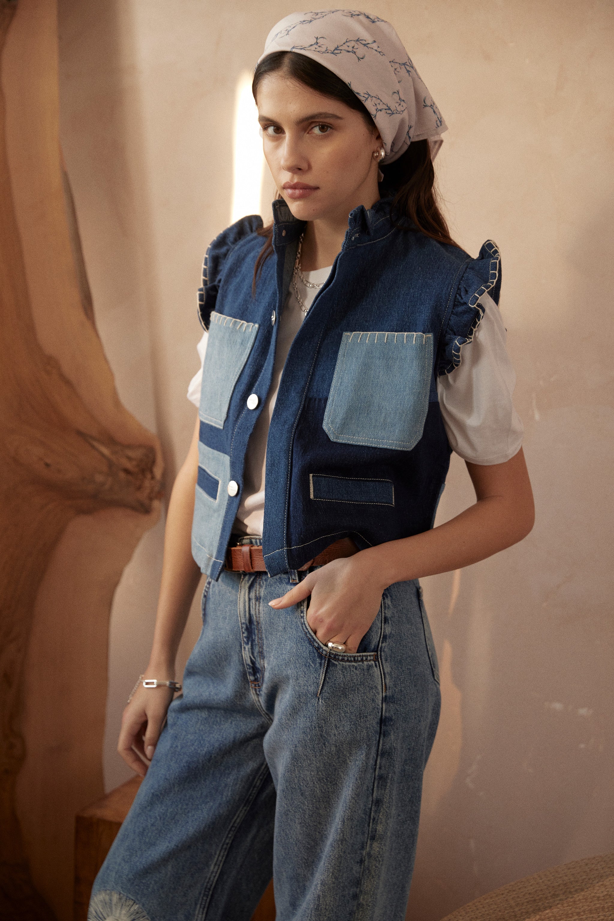 Pablo Vest in Patched Denim - seventy + mochi