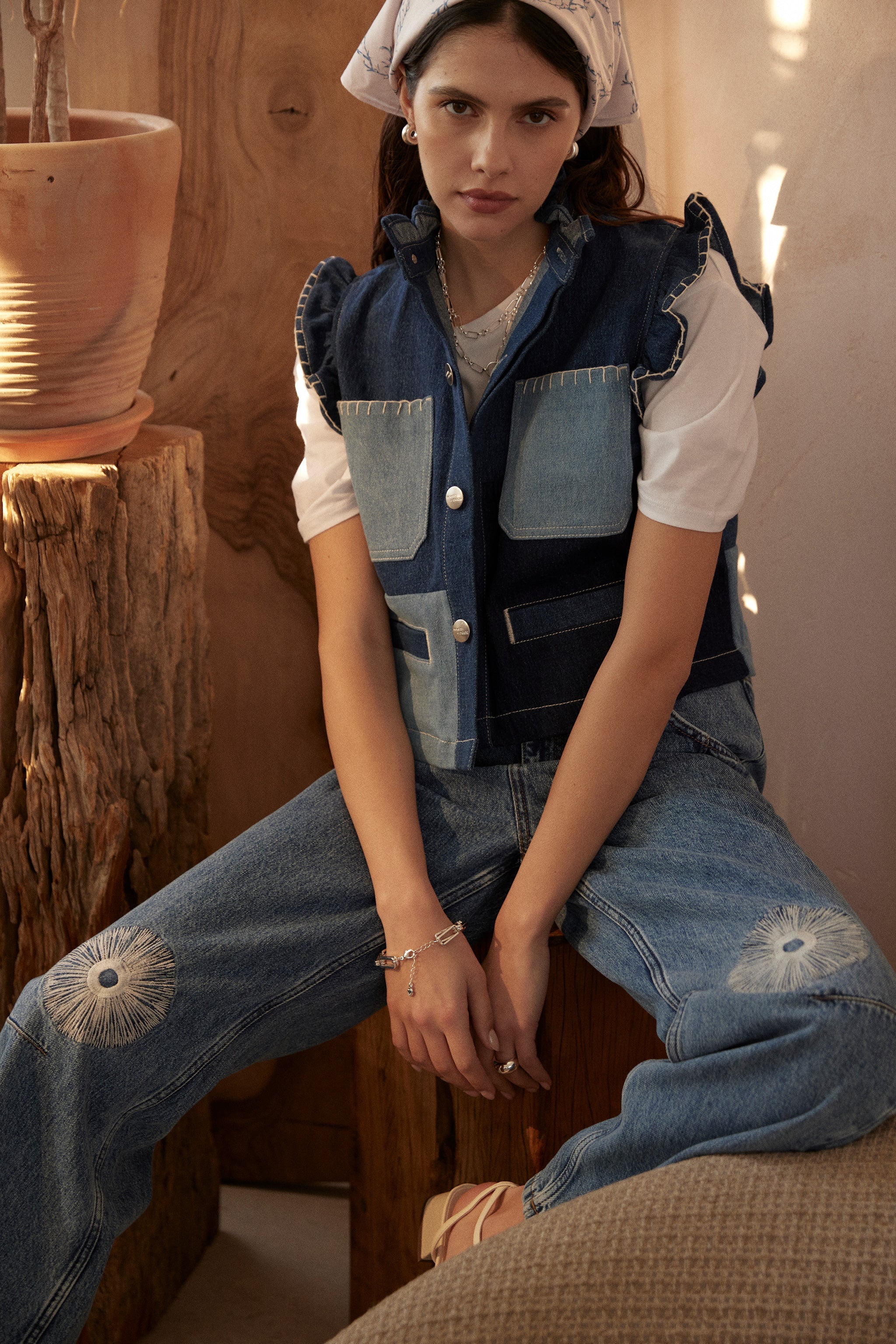 Pablo Vest in Patched Denim - seventy + mochi