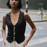 Daphne Linen Waistcoat in Black