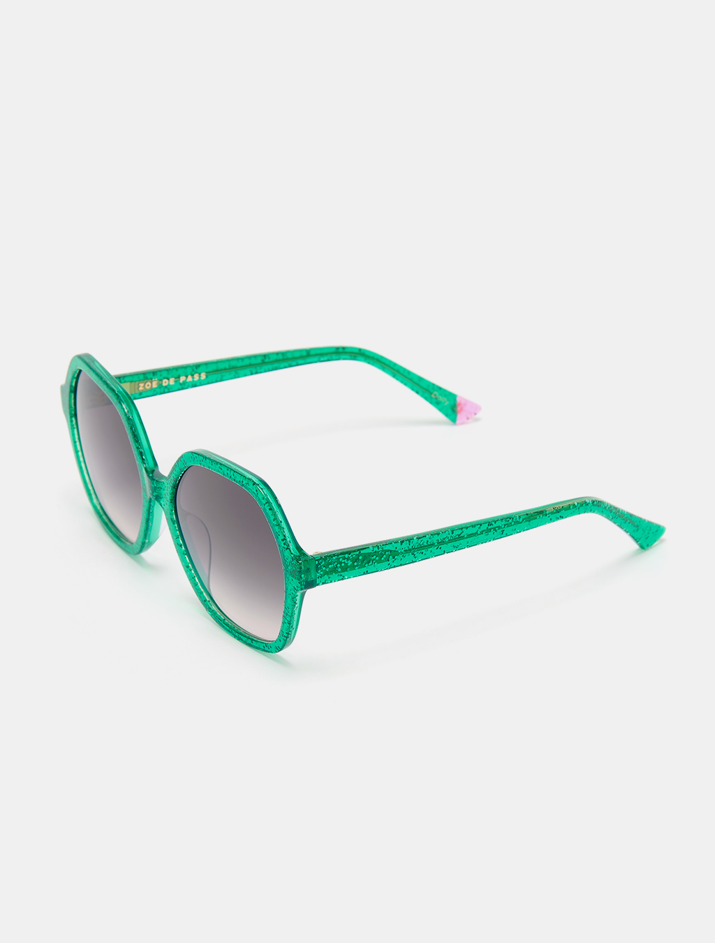 Side view of green sunglasses showcasing their colourful and trendy style.