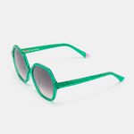 Side view of green sunglasses showcasing their colourful and trendy style.