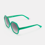Side view of green sunglasses showcasing their colourful and trendy style.