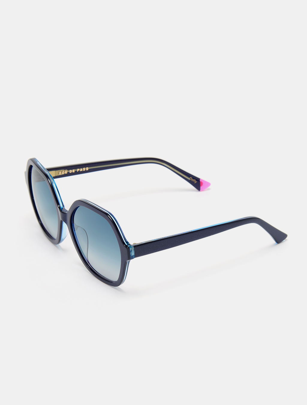 Side view of blue colourful sunglasses highlighting their unique frame.