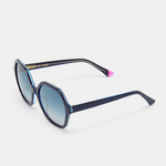 Side view of blue colourful sunglasses highlighting their unique frame.