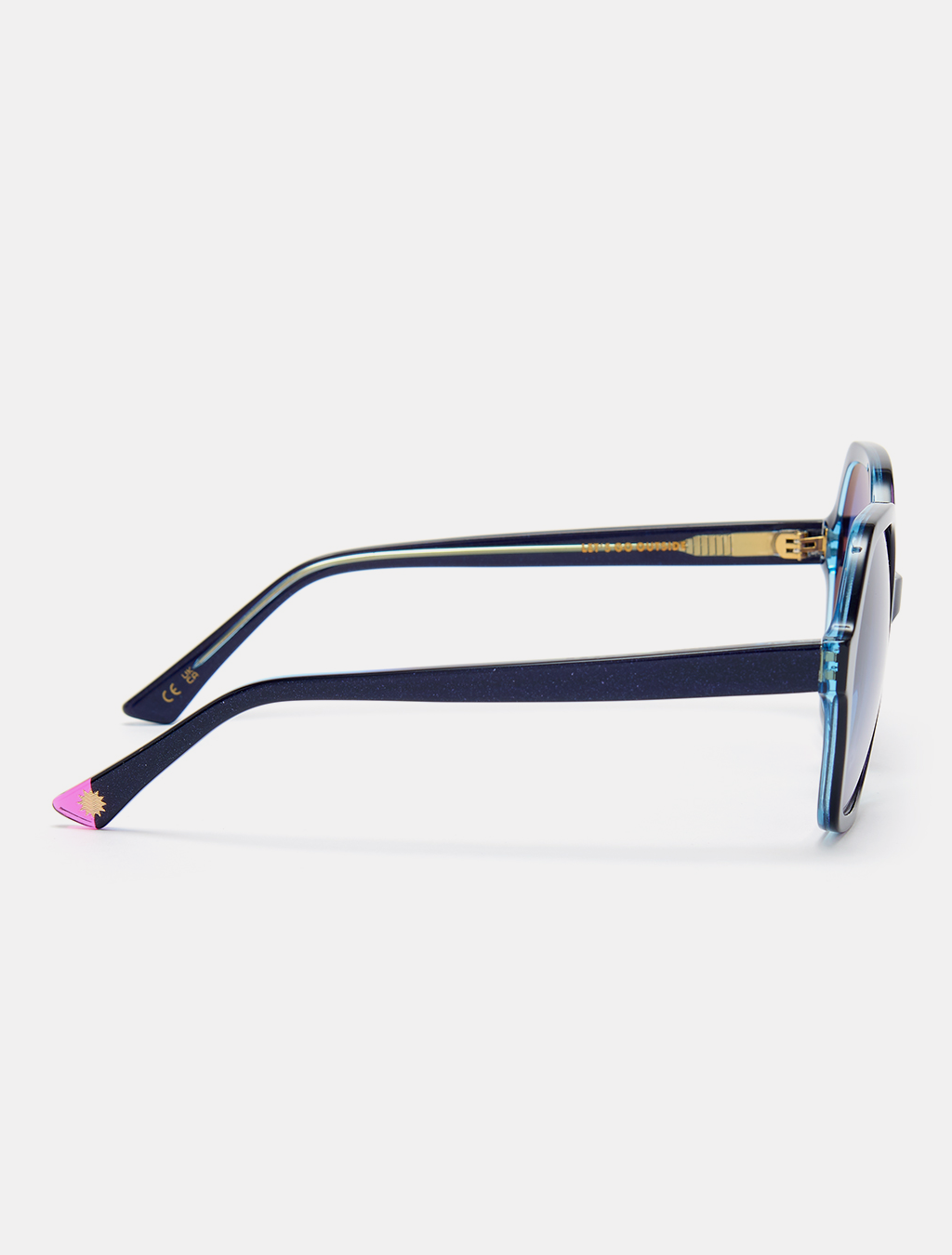 Colourful sunglasses with bold blue frames and stylish design.