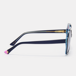 Colourful sunglasses with bold blue frames and stylish design.