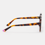 Side view of tortoiseshell sunglasses showcasing the curved arms and lens shape.