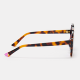 Side view of tortoiseshell sunglasses showcasing the curved arms and lens shape.