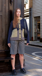 Betty Patchwork Cardigan in Navy Blue and Sage by Charl