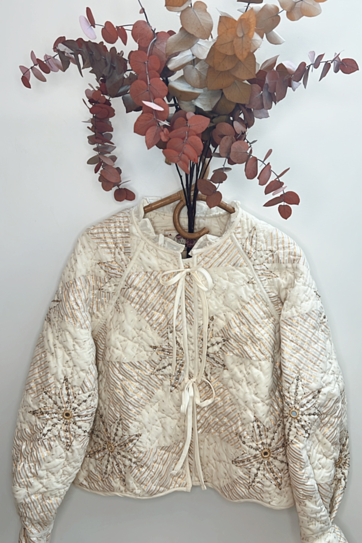 ecru metallic beaded quilted jacket organic cotton deadstock fabric