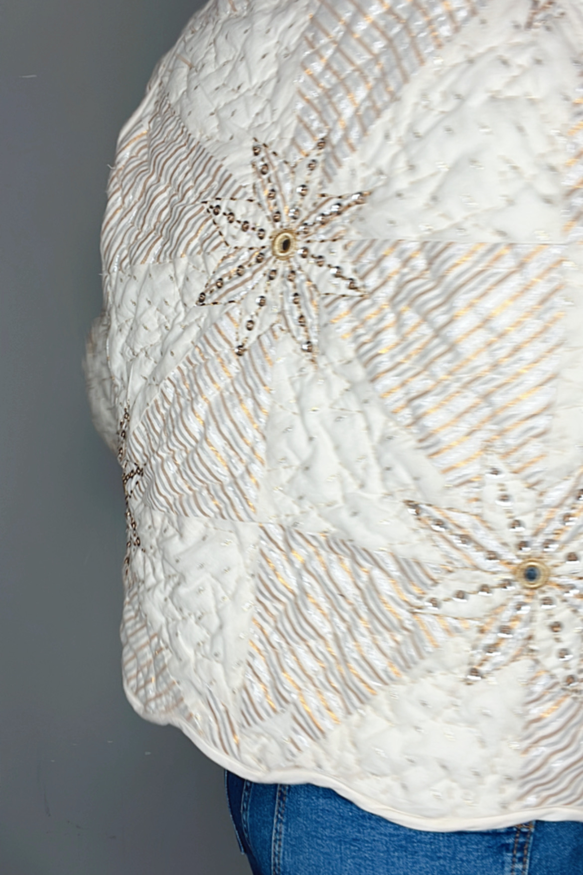 ecru gold and silver beaded patchwork jacket GOTS cotton deadstock