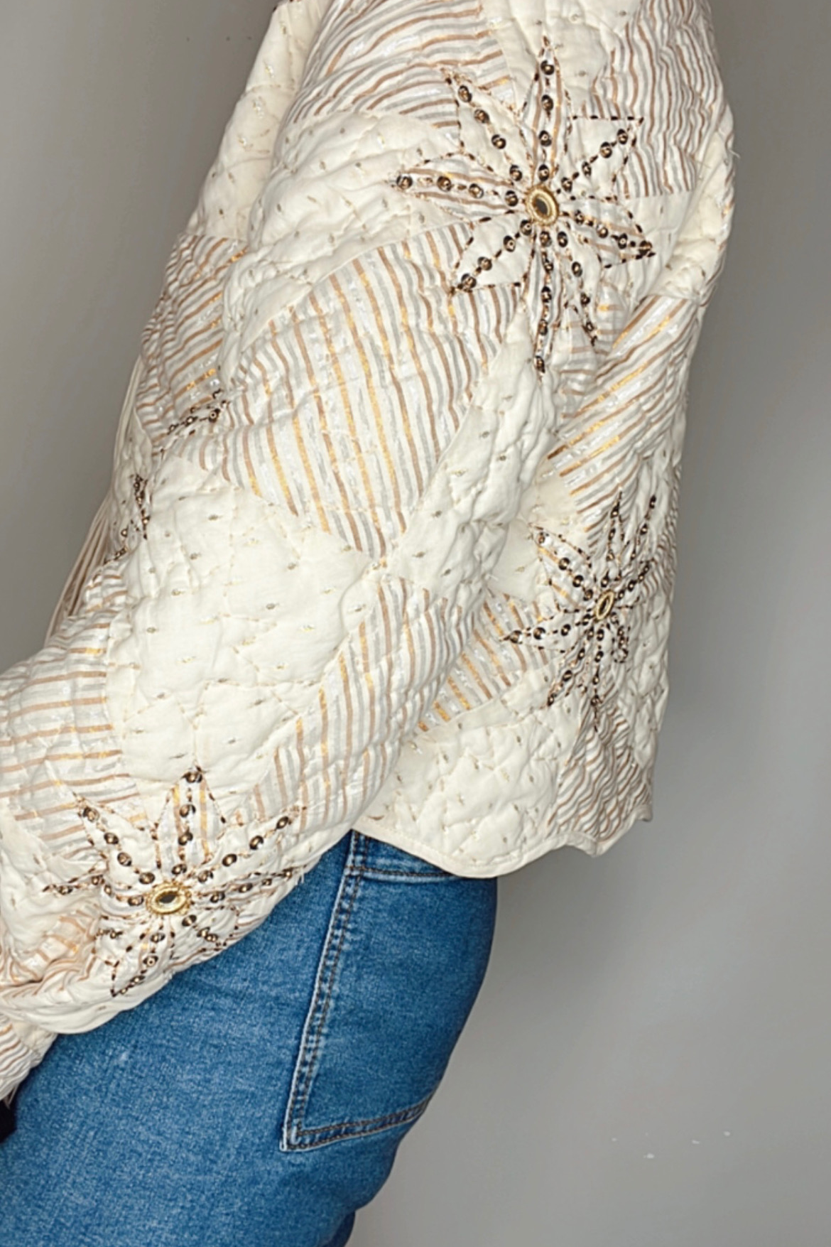 cream beaded quilt jacket organic cotton deadstock fabric