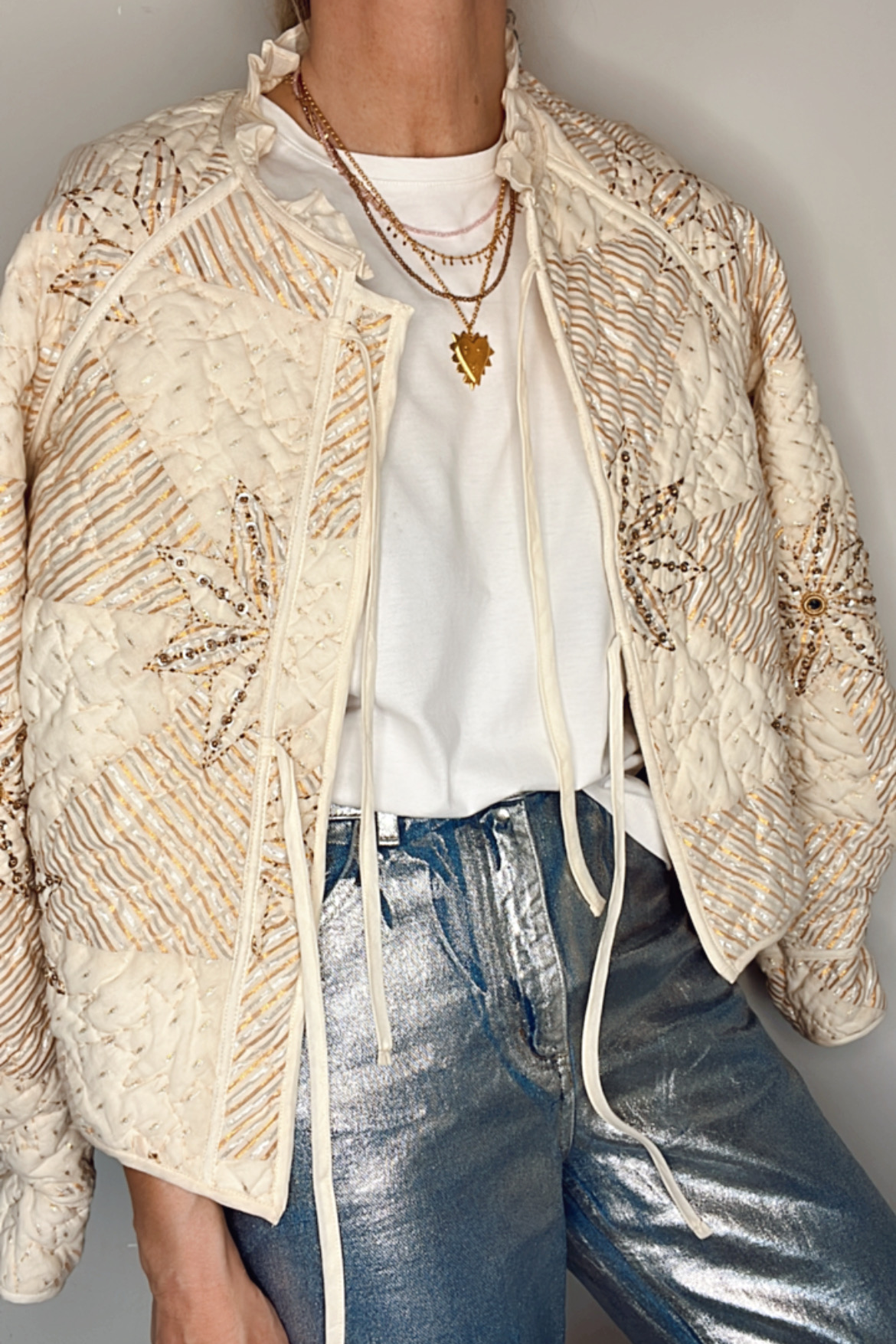 ecru metallic beaded quilted jacket organic cotton deadstock fabric