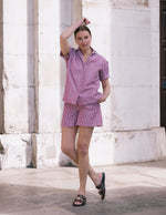 Bessie A-Line Short in Berry Red Stripe Cotton by Saywood