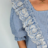 Peggy Broderie Frill Cotton Top in Blue Gingham