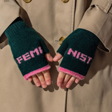 Feminist Fingerless Mittens in Forest Green & French Rose