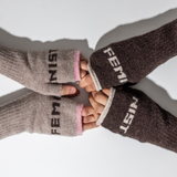 Feminist Fingerless Mittens in Cocoa & Linen