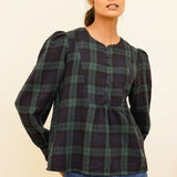 Nell Organic Cotton Checked Blouse in Navy/Green