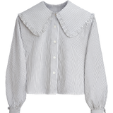 Navy Pinstripe Shirt with Big Frill Collar