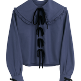 Navy Tie Neck Shirt with Big Frill Collar