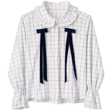 White and Blue Check Shirt with Velvet Bows
