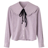 Berry Check Shirt with Big Collar and Velvet Neck Tie