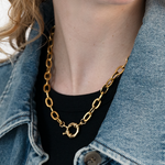 Elegant gold plated chunky chain necklace featuring a statement front clasp.