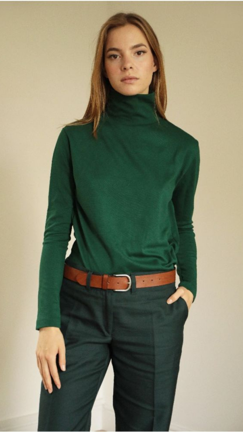 High Neck Cotton Jersey Top in Green by Lora Gene