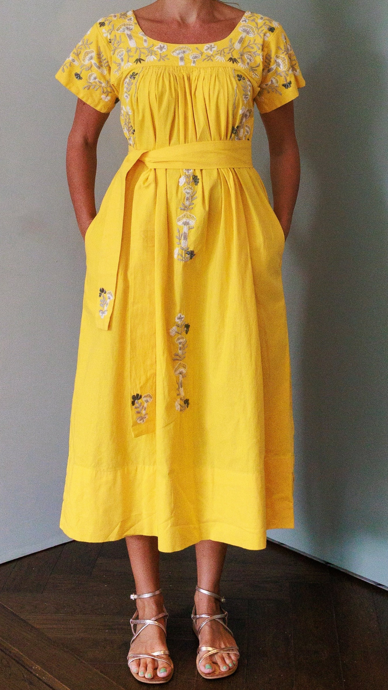 Mexican Embroidered Kaftan Dress in Lemon Yellow by Arifah Studio