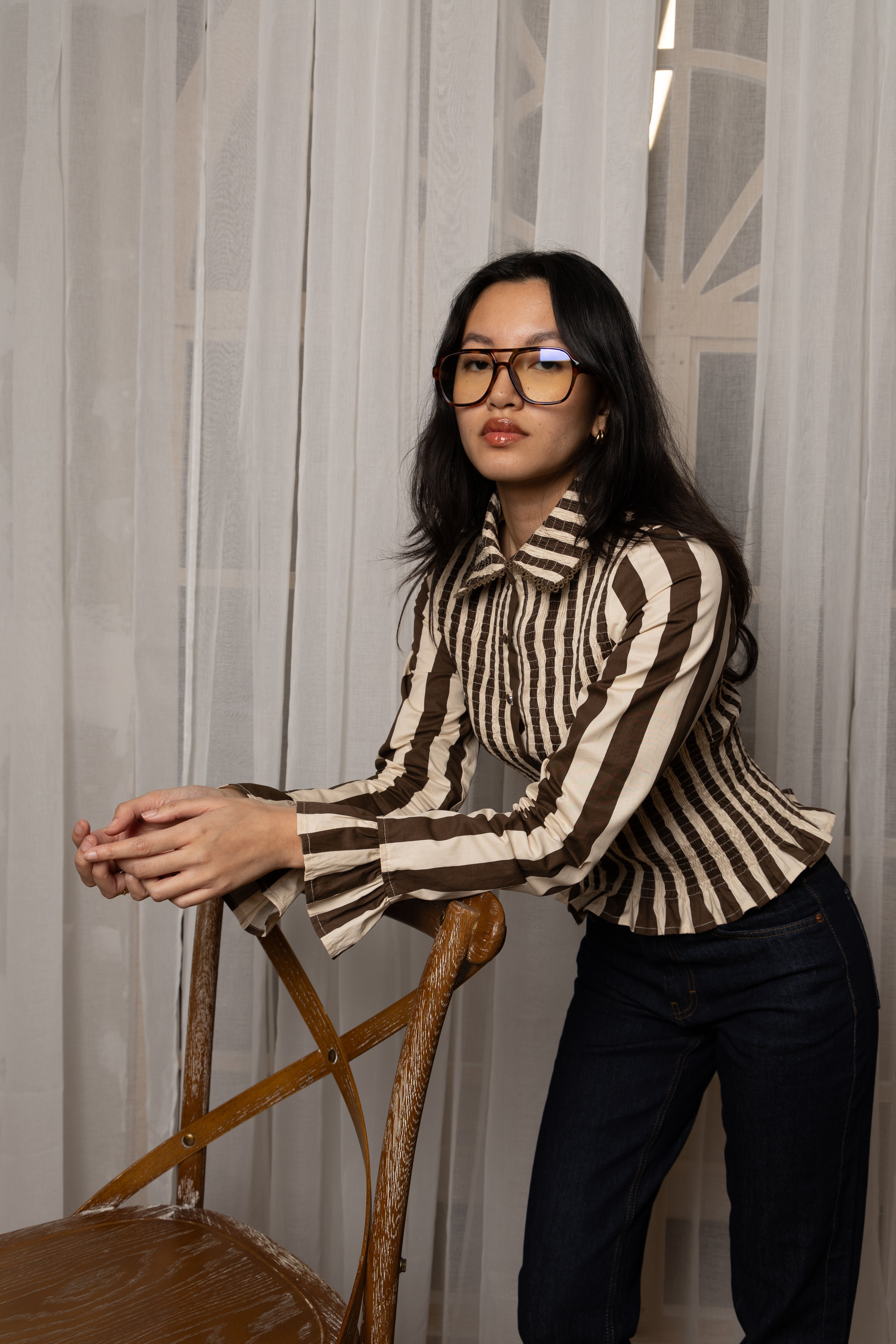 Yasmine Cotton Shirred Shirt in Brown Stripe | AMYLYNN – Percy Langley