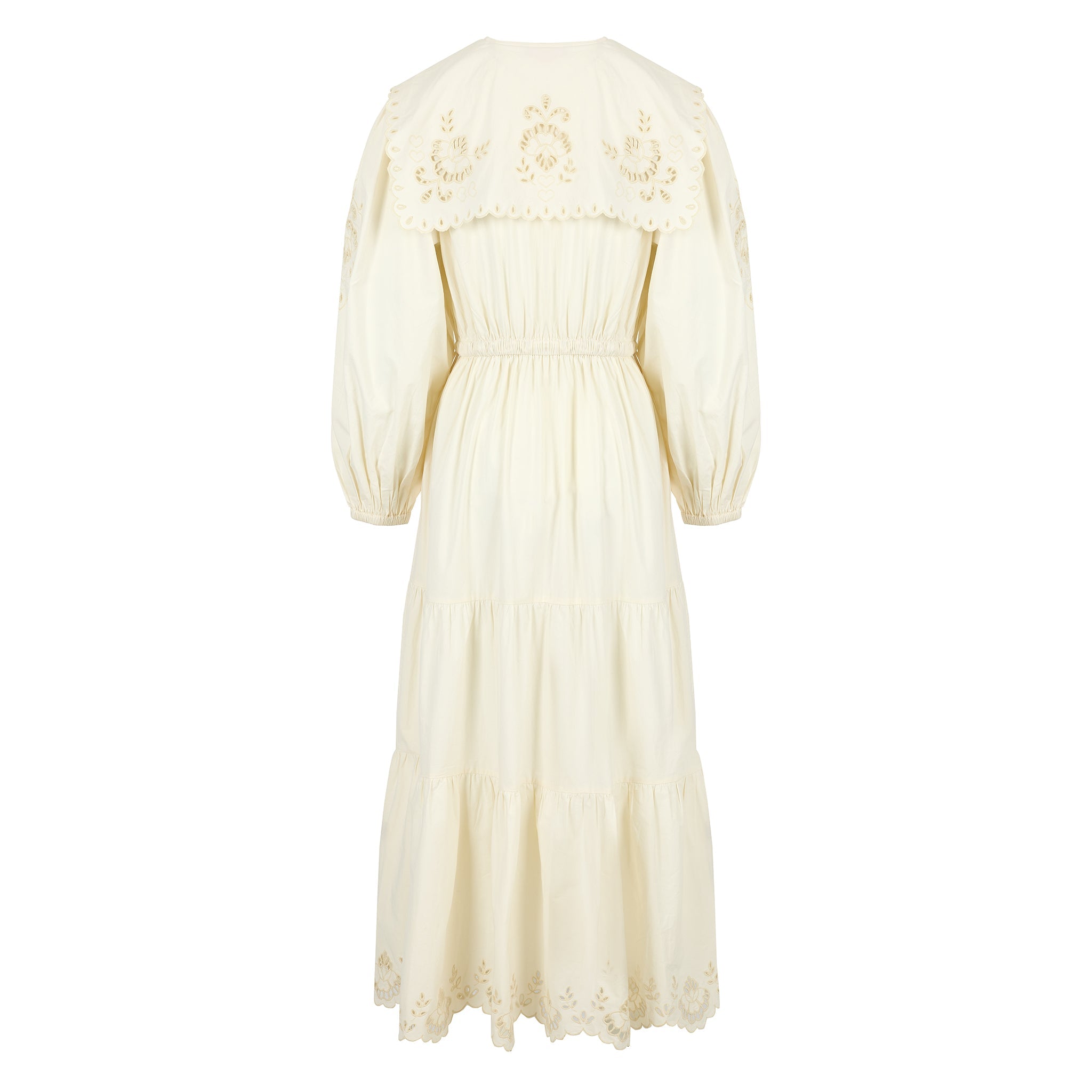 Side view of a lightweight cotton summer dress showing balloon sleeves and embroidered detailing on the bodice.