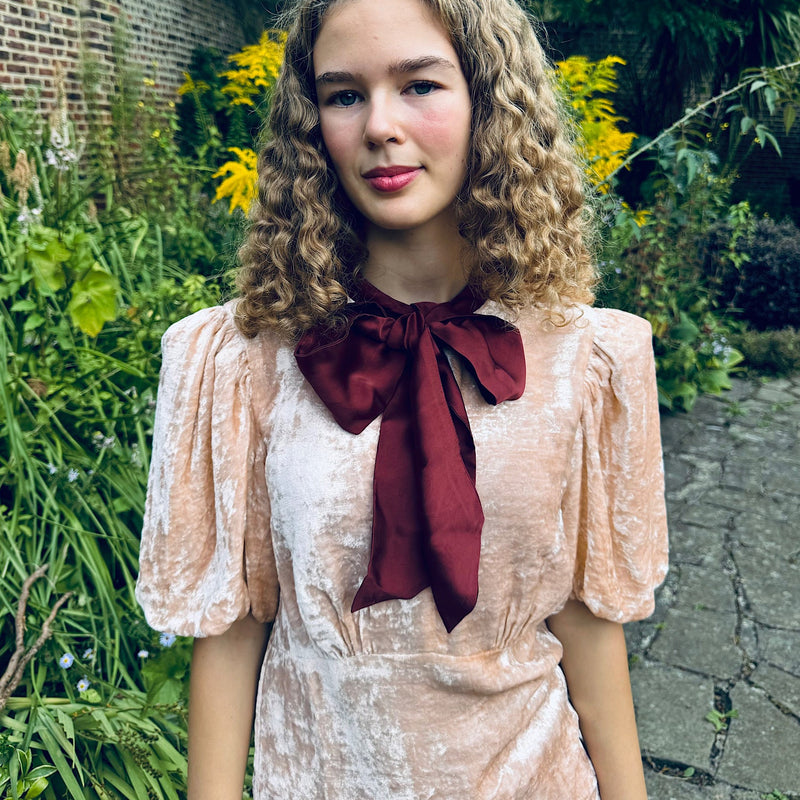 Sophie Blouse in Ballet Pink Velvet with Contrast Tie by House of Disgrace