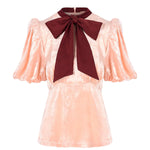 Sophie Blouse in Ballet Pink Velvet with Contrast Tie by House of Disgrace