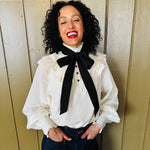 Anais Blouse in Vintage Cream with Contrast Pussy Bow Tie by House of Disgrace