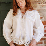 Back detail of white blouse showing scalloped edges and structured balloon sleeves.