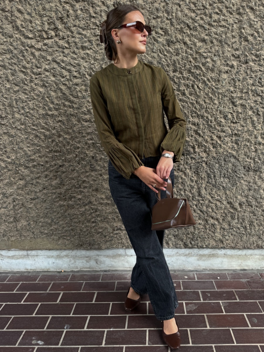 Fanfare Volume Cuff Top Dark Green Long Sleeved Stripe Top